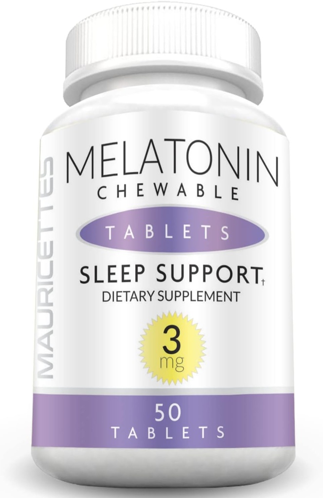 Mauricettes Natural Melatonin 3mg Chewable Tablets - Fast Acting 3 mg Sleeping Pills for Kids, Teens, and Adults, Unflavored, Non Addictive, Dissolvable Sleep Support Aid, 50 Chewables