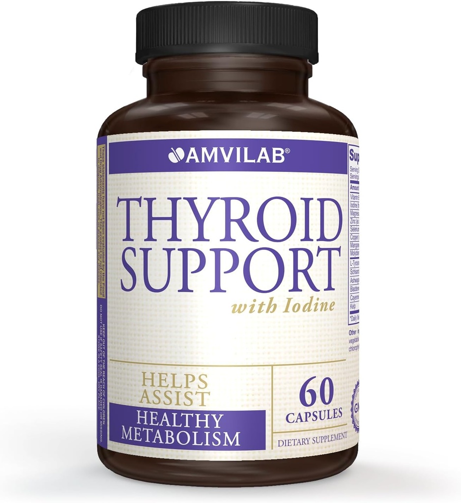 Soporte de tiroides con yodo, vitamina B12 y 12 otros ingredientes esenciales – Tiroides saludables, Vida feliz. Revitalizar el metabolismo, la energía y la salud cognitiva. 60 cápsulas