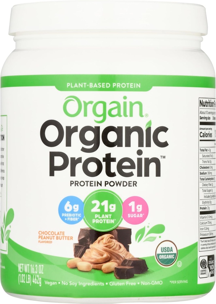 Orgain Organic Vegan Protein Powder, Chocolate Peanut Butter - 21g of Plant Based Protein, Low Net Carbs, Non Dairy, Gluten Free, Lactose Free, No Sugar Added, Soy Free, Kosher, 1.02 Pound
