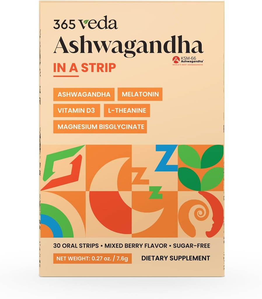 Ashwagandha Oral Strips 100 mg KSM 66 Ashwagandha, L-Theanine, Melatonin, Vitamin D3 and Magnesium, Vegan Strip for Men and Women, Sugar-Free, Non-GMO, 30 Oral Strips (Berry)
