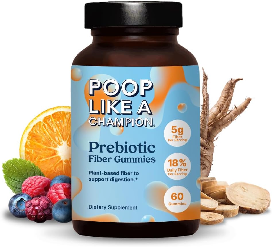 Poop Like a Champion Fiber Gummies – 5g Fiber per Serving, Non-GMO, Vegan, Digestive Support, 60 Pieces per Bottle