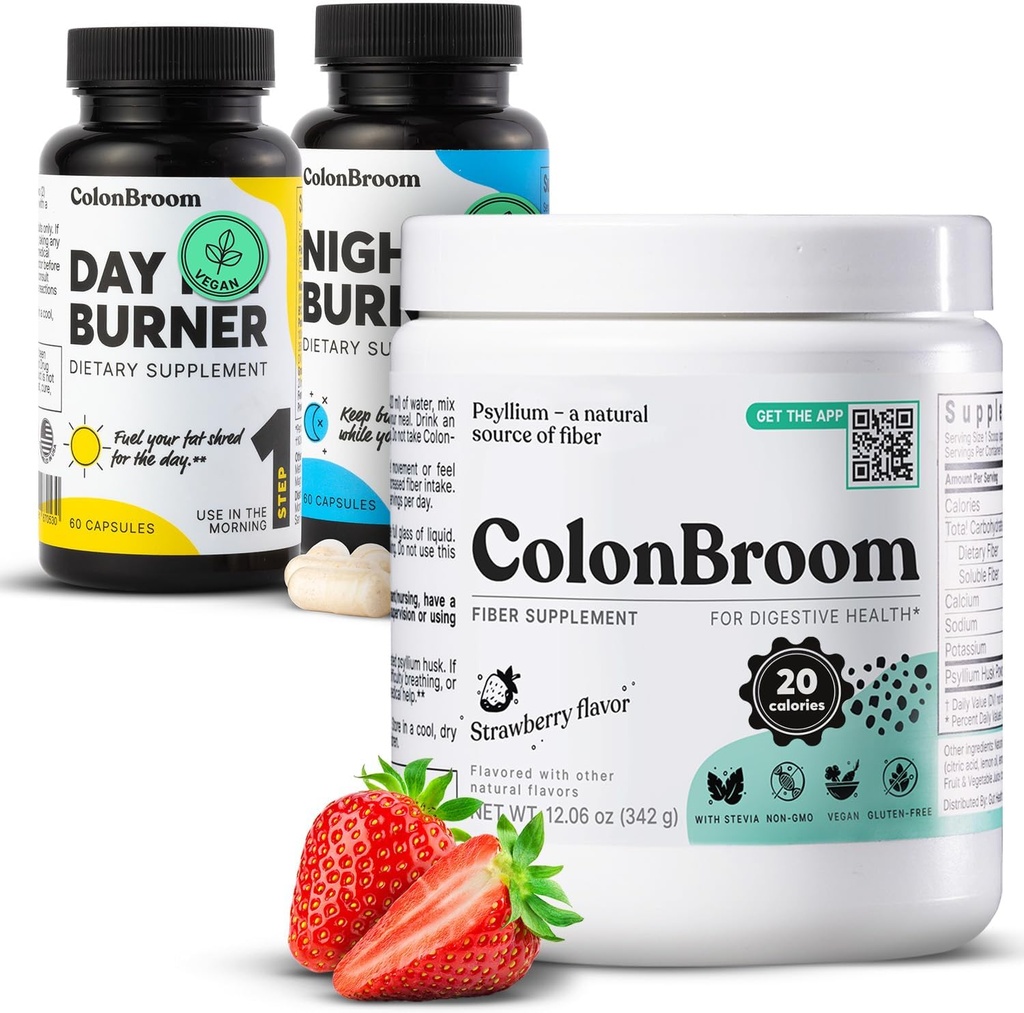 ColonBroom Psyllium Husk Powder, Colon Broom Colon Cleanser Fiber Suplemento para Bloating Relief & Gut Health + Day & Night Burner Supplements, Weight Management Pills (60 Servings), 3 Items