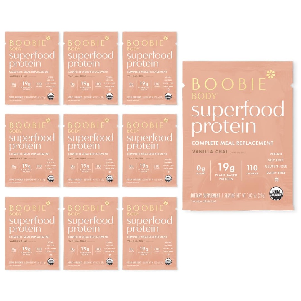 Boobie Body Superfood Protein Meal Replacement Shake, Vanilla Chai Flavor | 19g Protein | Safe For Pregnancy, Lactation, & Motherhood | Organic, Vegan, Zero Sugar, 10 Single Serve Packets (1.02 oz each)
