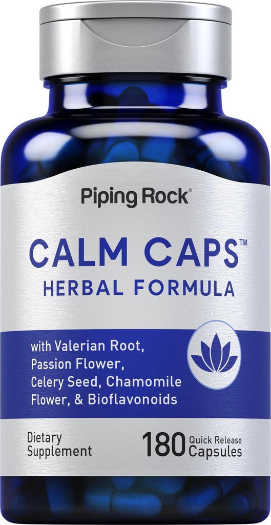 Piping Rock Calm Capsules  180 Pills ← Herbal Extract Blend Silencio con Chamomile, Valerian, y Passion Flower Silencio Non-GMO, Gluten Free Supplement