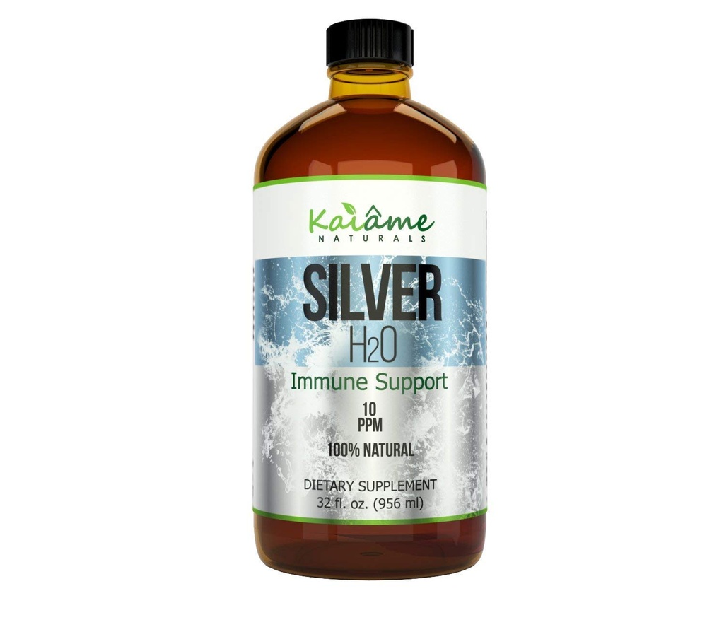 Kaiame Naturals Colloidal Silver, Ionic Silver Solution, 10 PPM, Gran botella de vidrio de 32 oz, Suplemento de soporte natural inmune, seguro para adultos, niños y mascotas