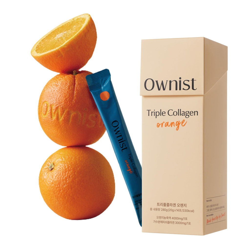 Ownist Triple Collagen Liquid Packets On-The-Go - Peptides with Hydrolyzed Marine Collagen, Elastin, Hyaluronic Acid and Vitamin for Healthy Skin - Orange Flavor - 14 Individual Stick Packs