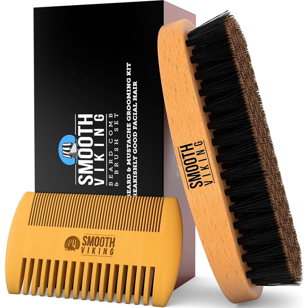 Beard Brush and Comb - Natural Boar Bristle Beard Brush & Beard Comb for Men - Facial Hair Care Gift Set for Men - Mustache Styling, Grooming & Shaping Tools