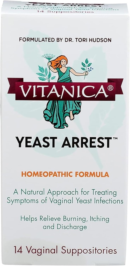 Vitanica Yeast Arrest, Homeopathic Vaginal Suppositories, para los síntomas de la infección por levaduras, Alimenta la quema, picazón y descarga, con Acid Boric, Tea Tree Oil " Probiotics, Vegan (Yeast Arrest, 14)