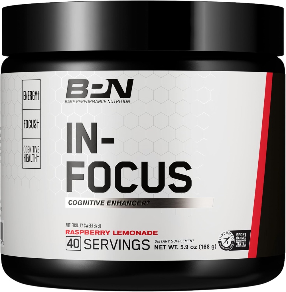 BARE PERFORMANCE NUTRITION, BPN in-Focus Brain Support Suplemento, Mejorar Focus &amp; Energy, Alpha GPC, Raspberry Lemonade, 40 Servimientos
