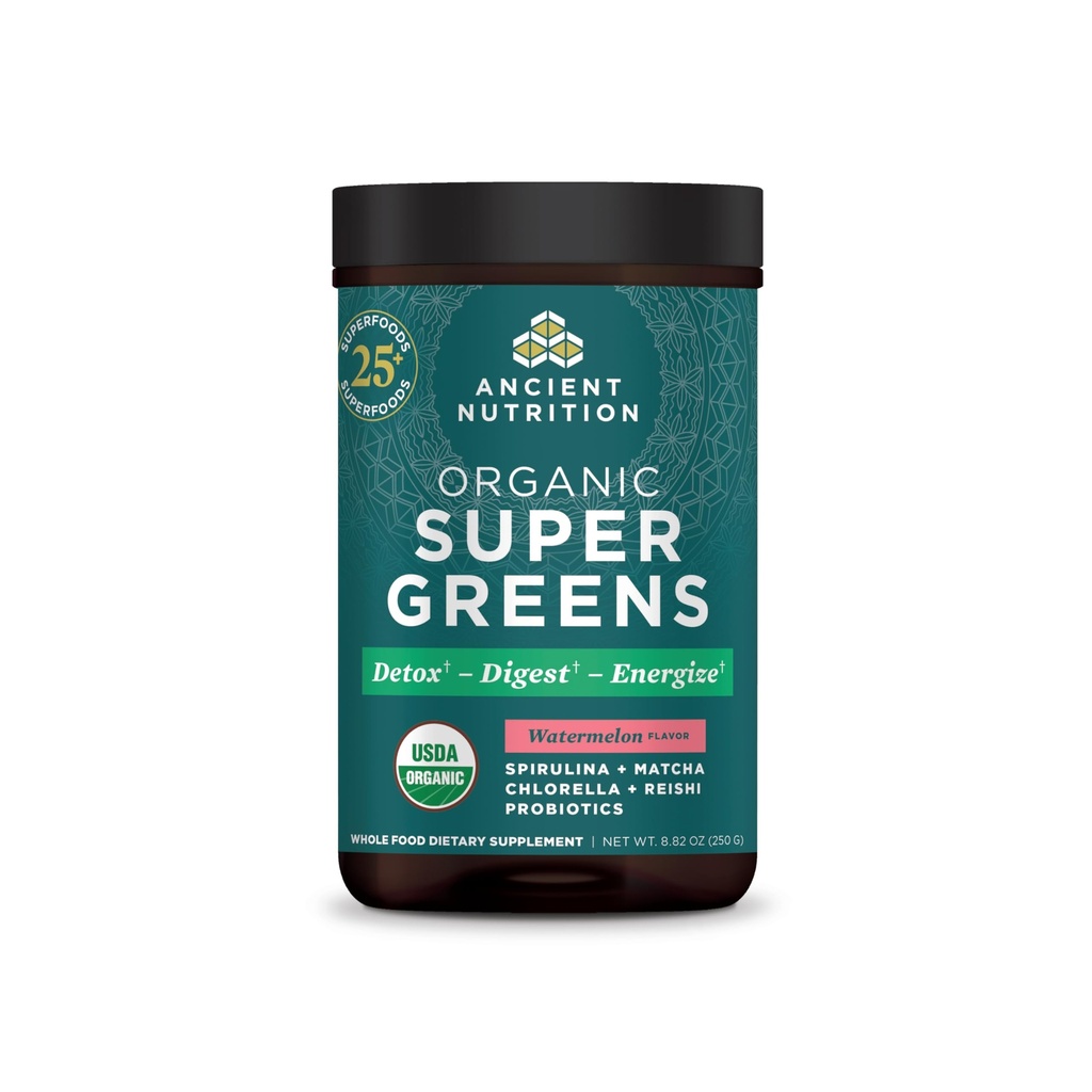 Ancient Nutrition SuperGreens Powder with Probiotics, Organic Watermelon Flavor Greens, Made from Real Fruits, Vegetables and Herbs, for Digestive and Energy Support, 25 Servings, 8.82oz