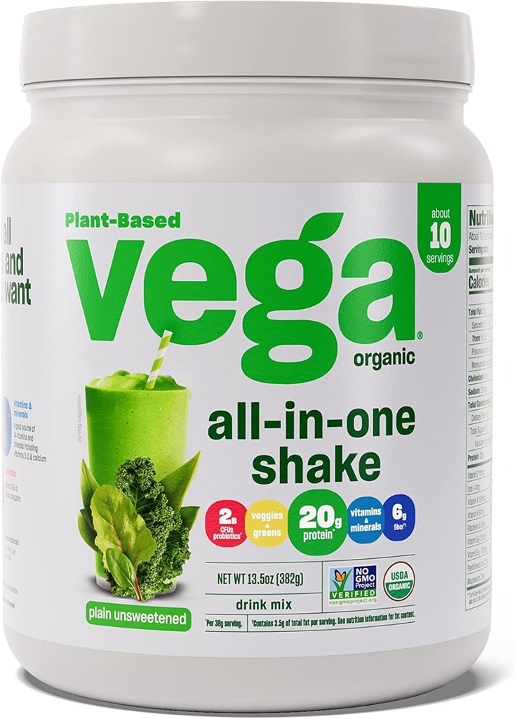 Vega orgánico todo en uno pólvora de proteínas veganas, sin azúcar en la cola - Ingredientes de superalimentos, vitaminas para apoyo a la inmunidad, Keto Friendly, Pea Protein para hombres de mujeres, 13.5 oz (paquete mayo Vary)