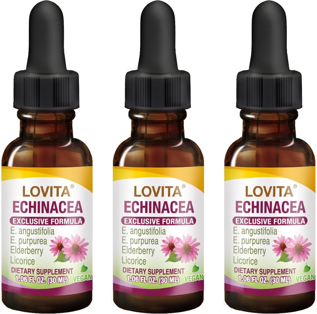 Lovita Echinacea Extract Liquid | 1 FL OZ | 350 mg per Serving | Concentrated Herb Tincture | Vegan | Alcohol-Free | with Elderberry and Licorice Extract (Pack of 3)