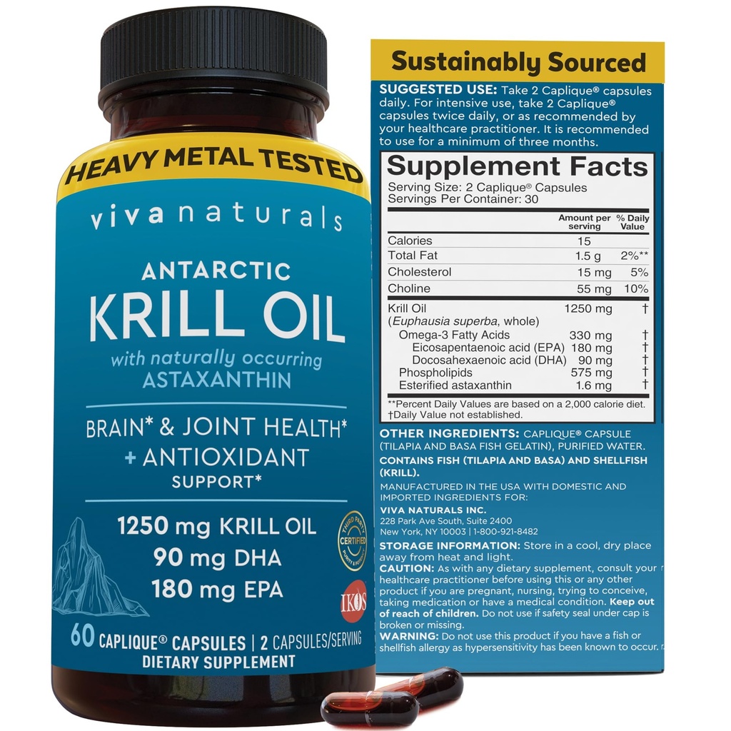 Viva Naturals Antarctic Krill Oil Omega 3 Supplements 1250 mg - DHA EPA Omega-3 & Astaxanthin Concentration for Joint Health, No Fish Burp - 60 Krill Oil Capsules