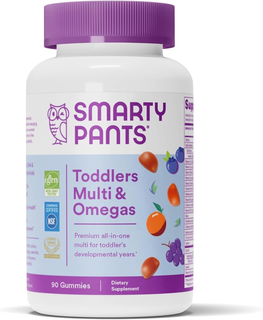 SmartyPants Toddler Multivitamin Gummies: Omega 3 Fish Oil (EPA/DHA), Vitamin D3, C, Vitamin B12, B6, A, K & Zinc, Biotin, Beta Carotene, Gluten Free, Three Fruit Flavors, 90 Count (30 Day Supply)