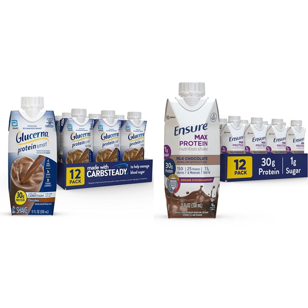 Glucerna Protein Smart Nutritional Shake &amp; Ensure Max Protein Nutrition Shake with 30g of Protein, 1g of Sugar, High Protein Shake, Milk Chocolate, 11 Fl Oz (Pack of 12), Liquid, Halal