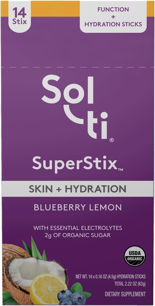 Sol-ti Organic Electrolyte Skin + Hydration Drink Mix, Superfood Hydration Sticks, SuperStix, Non-GMO, Vegan, Blueberry Lemon, 14 Single-Serving Sticks