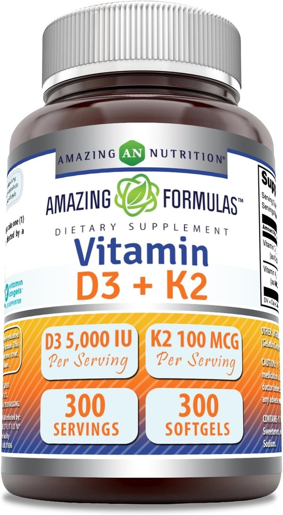 Fórmulas asombrosas Vitamina D3 5000 UI con Vitamina K2 100 Mcg TENIDO D3 + K2 Suplemento Complejo Silencio Softgels Silencio No-GMO ANTE Gluten-Free TEN Made in USA (1 Pack, 300 Cuenta)