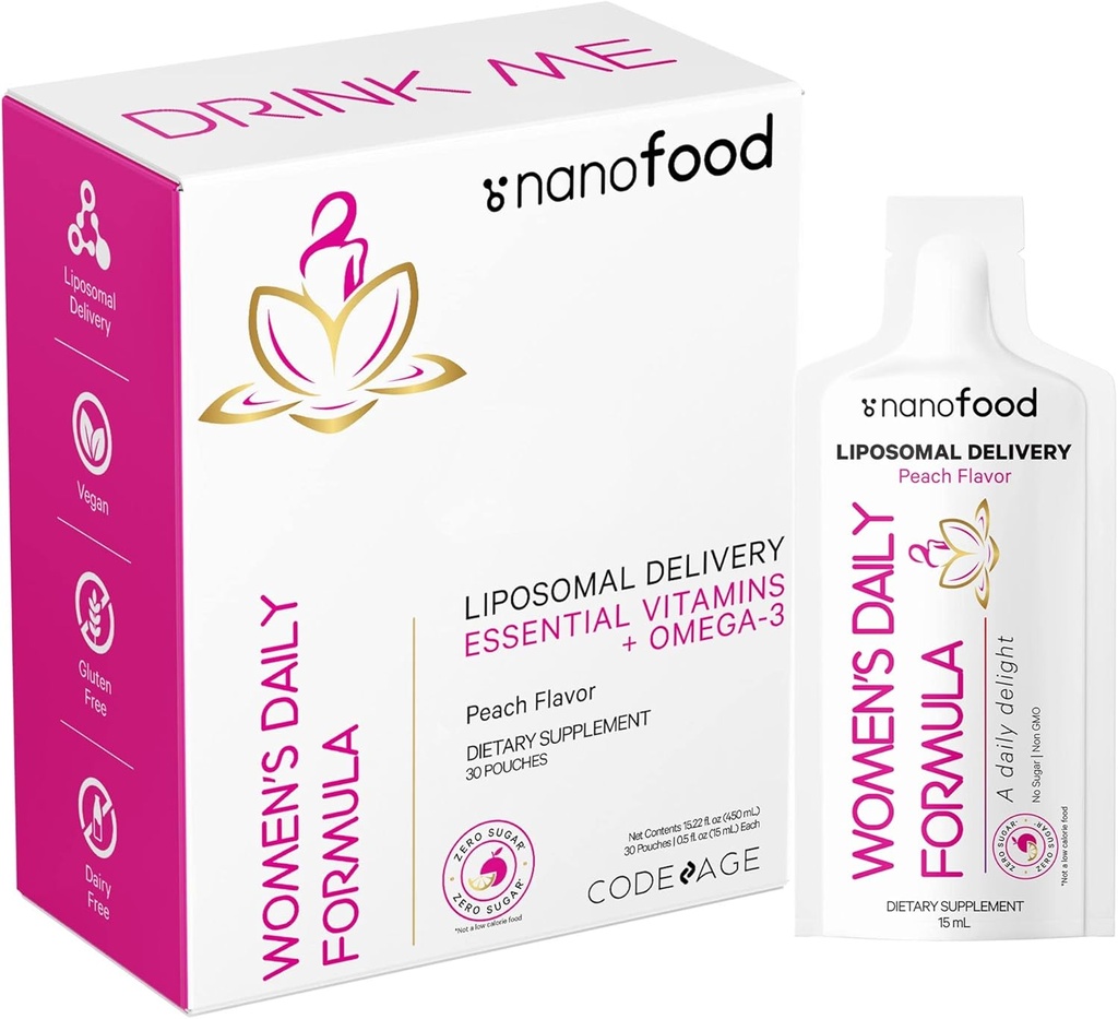 Codeage Liposomal Vitaminas diarias de las mujeres Pouch líquido Fórmula, Vegan Omega-3 Suplemento multivitamina líquido, Biotina, Vitaminas A, B, C, D, E, Riboflavin, Berry - No GMO - 30 Pouches