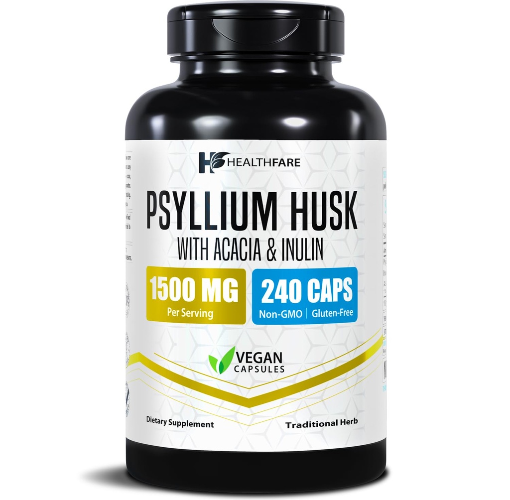 Healthfare Psyllium Husk Fiber 1500mg ← 240 Vegan Capsules ← Extra Strength Fiber Supplement ← Apoyo Digestive Health TEN Non-GMO, Gluten-Free TEN Made in USA