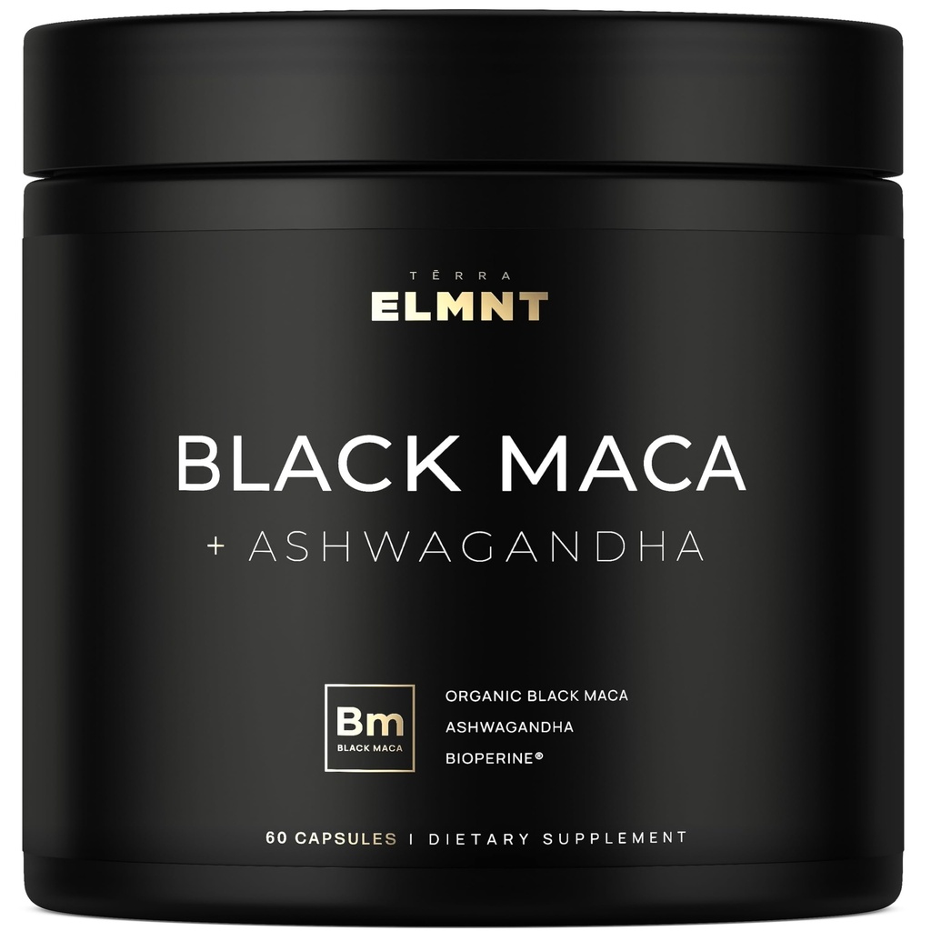 ELMNT 40,000mg 40x Strength Organic Black Maca Root w. Ashwagandha - #1 Highest Potency Black Maca Root Capsules for Men Suplemento 40:1 Extracto - 100% Pure Maca Peruana Maca Powder Pills Gelatinized