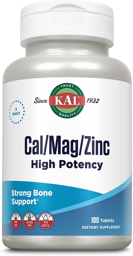 KAL Cal/Mag/Zinc ANTE 1000mg Calcium, 400mg Magnesium & 15mg Zinc ANTE Bone, Muscle, Heart &amp; Immune Support ⋅ 100ct, 33 Serv