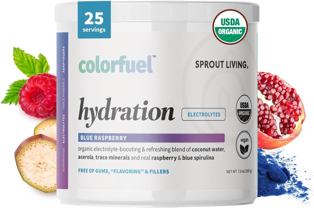 Sprout Living, Colorfuel Hydration Powder Drink Mix, Organic Superfoods + Adaptogens | Hydration & Recovery, Electrolytes, Himalayan Pink Salt, Blue Spirulina, Blue Raspberry Flavor (25 Servings)