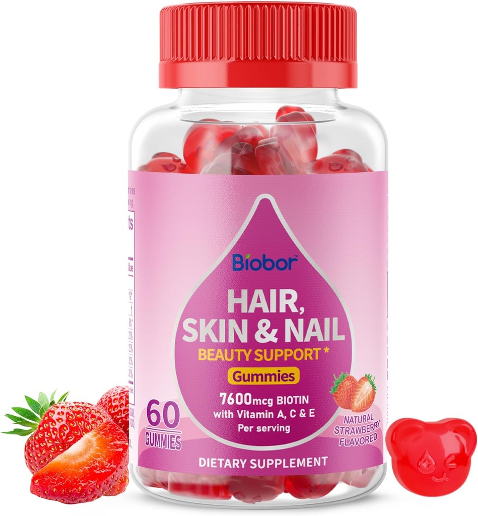 Natural Hair Skin and Nails Vitaminas Gummies, 7600mcg Biotin Gummies for Women Men Beauty Support, Non-GMO (Strawberry Flavor, 60 Condes)