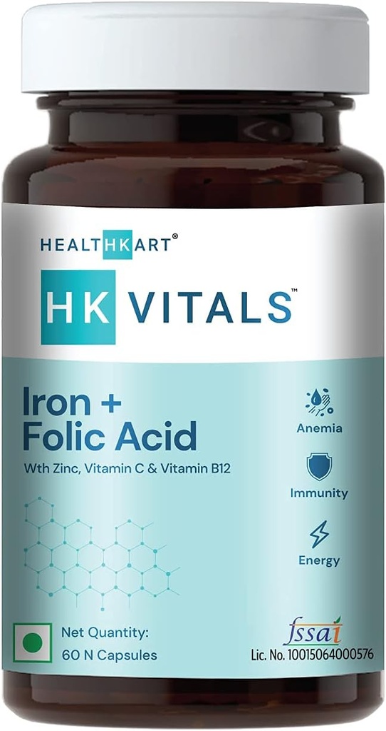 Iron + Folic Acid Supplement, with Zinc, Vitamin C & Vitamin B12, Supports Blood Building, Immunity and Energy, 60 Iron Folic Acid Tablets