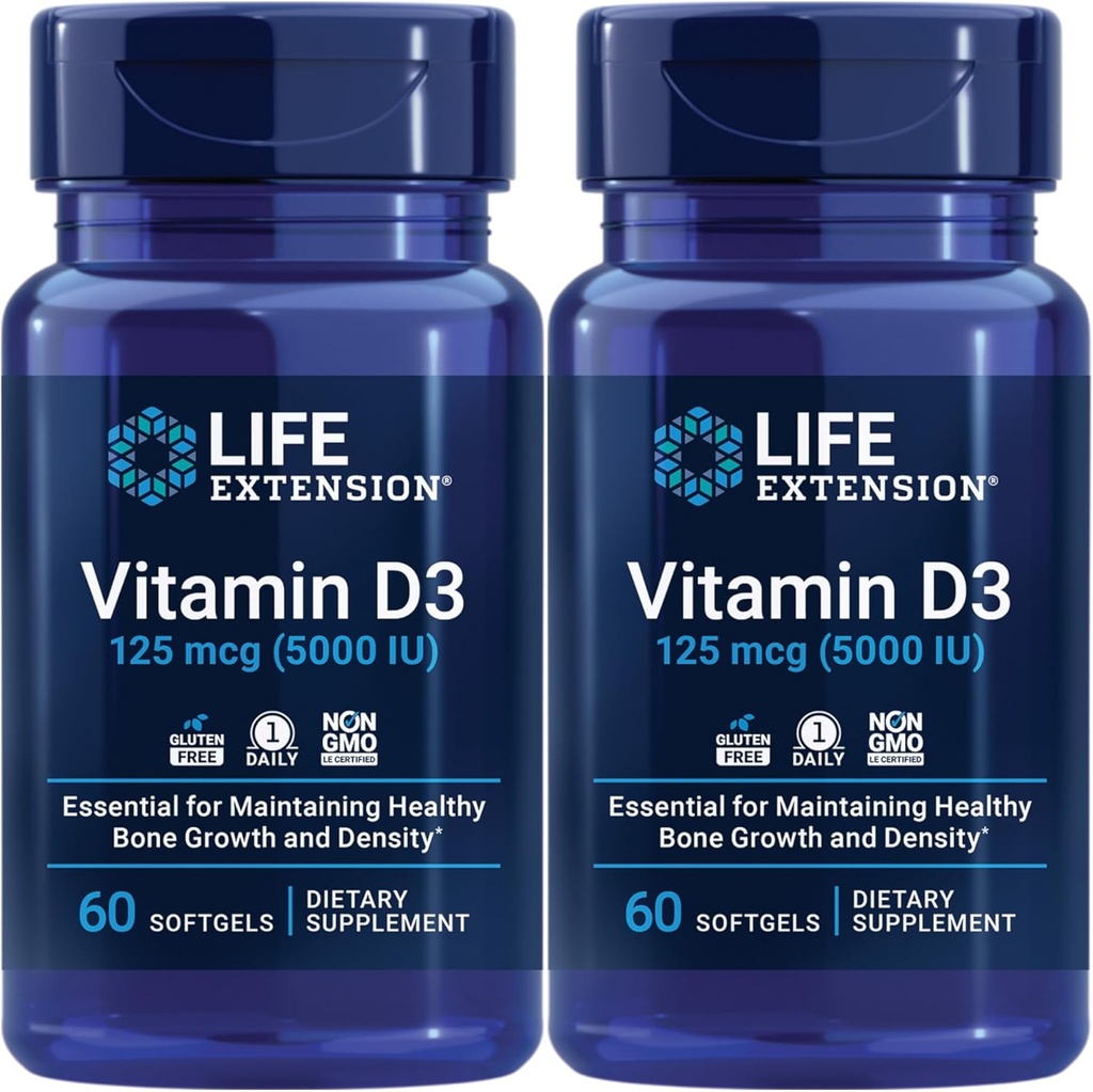 Life Extension Vitamin D3 125 Mcg (5000 Iu) – Promotes Bone Health, Brain Health and Immune Function – Non-GMO – Gluten-Free – Two Pack – 2 x 60 Softgels