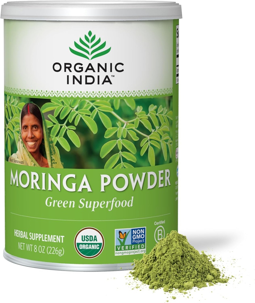 ORGANIC INDIA Moringa Powder - Moringa Oleifera Leaf Herbal Supplement, Green Superfood, Nutrient Dense, Pure Plant Protein, Vitamin A, E, K, Iron, Calcium, Fiber, Vegan, USDA Certified Organic - 8 oz