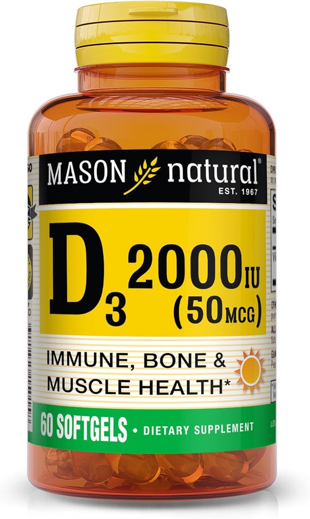 MASON NATURAL Vitamina D3 2,000 UI Ultra Strength, soporta la densidad de los huesos, la fuerza &amp; salud inmunitaria, 60 Softgels