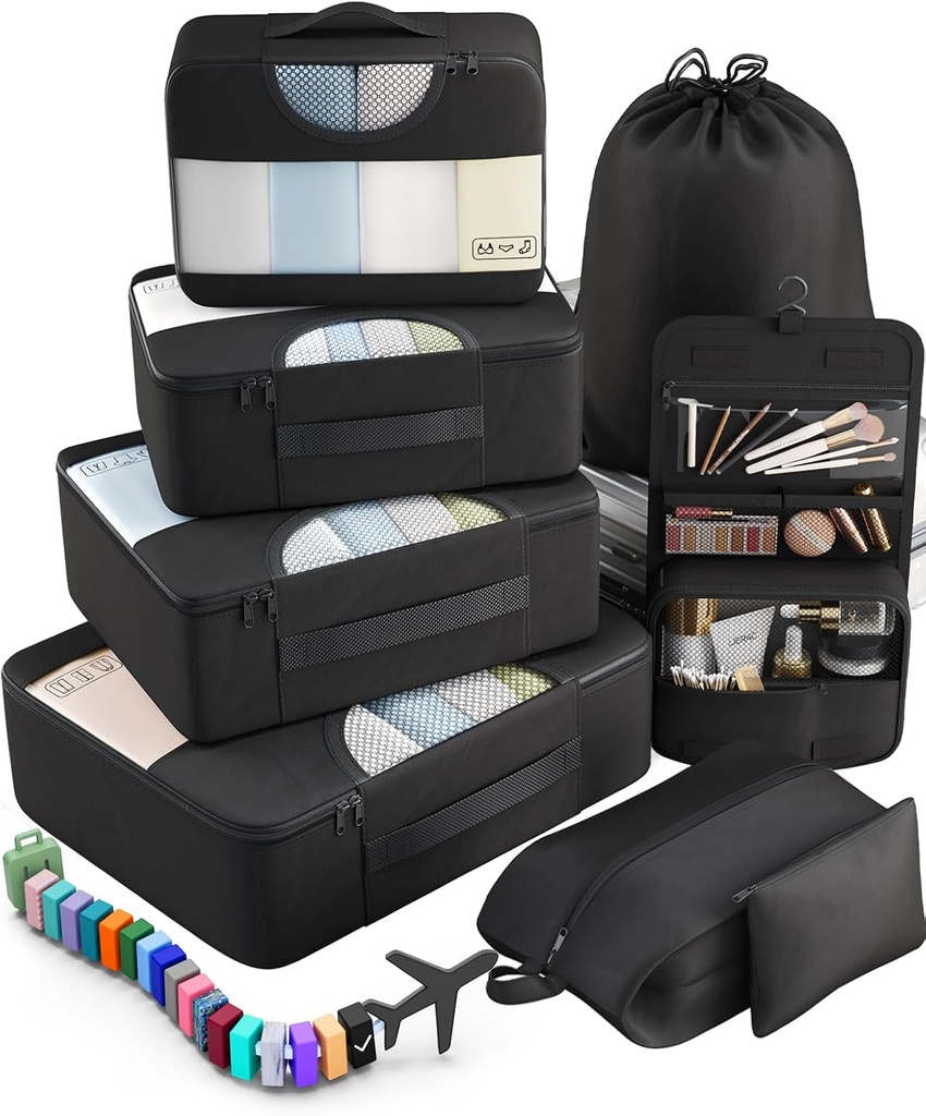Veken 10 Set/8 Set Packing Cubes for Travel Essentials, Suitcase Organizer Bags in 4 Sizes, Carry-On Luggage Accessories with Large Lavandería &amp; Toiletry Bag, Must-Have for Airplane, Road Trip &amp; Camping