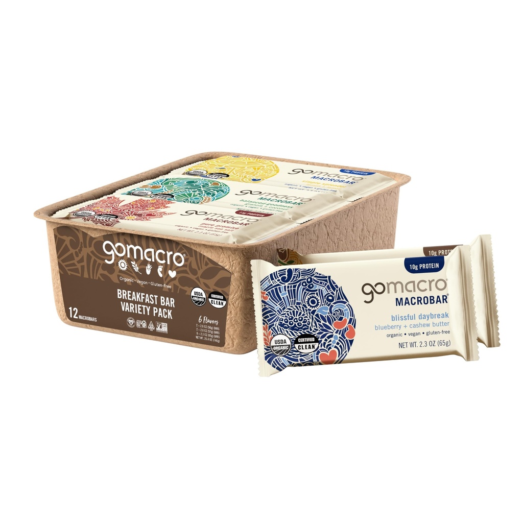 GoMacro Macrobar Bares de Proteína Ecológica Vegan, Desayuno Variedad Pack, 12 Condes