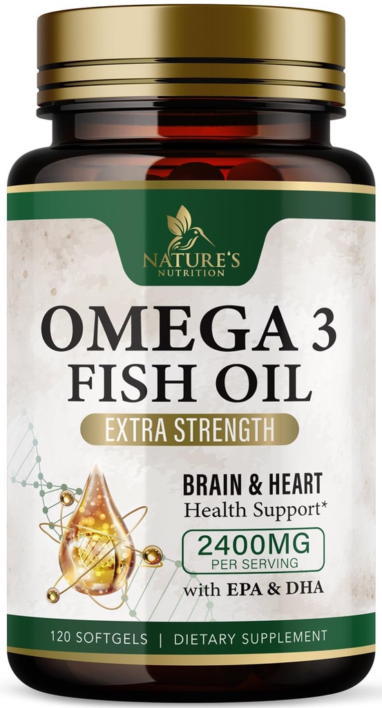 Omega 3 suplementos de aceite de pescado 2400 mg - Triple fuerza Omega3 - EPA & DHA con ácidos grasos esenciales - Inmuno natural, cerebro y corazón de apoyo de salud - Burpless, sabor limón, pesca salvaje - 120 Softgels