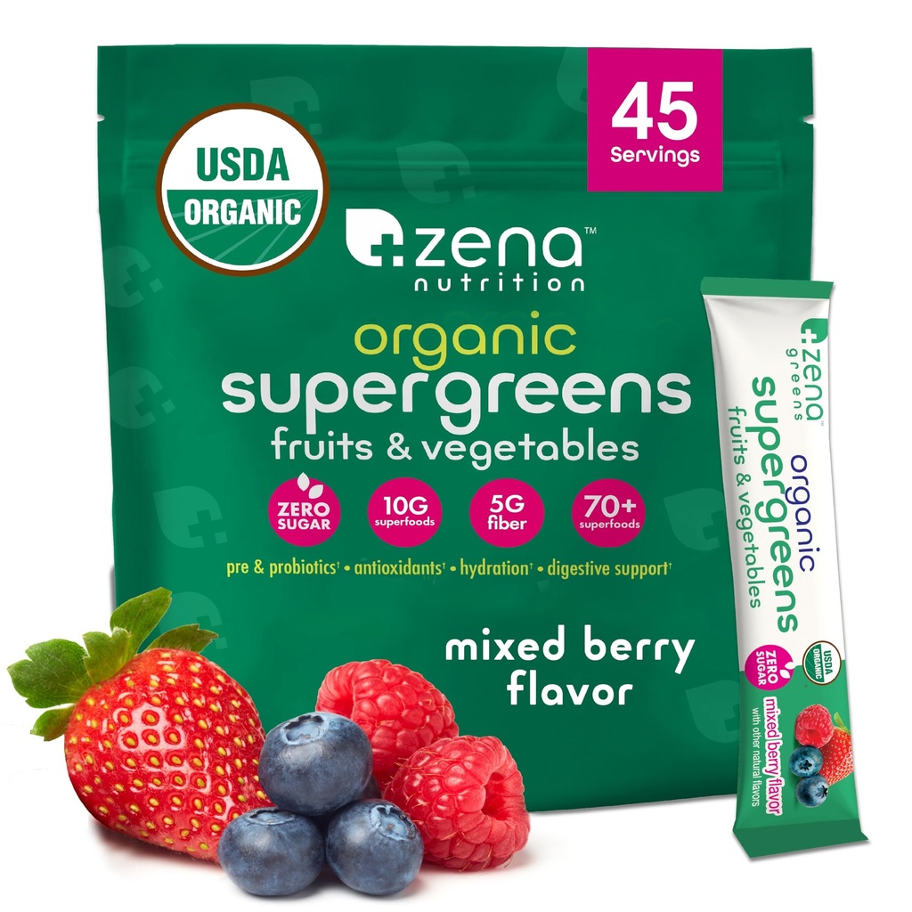 Zena Nutrition Organic Super Greens Powder, 70+ Superfoods, 0 Sugar, 5G Fiber, Spirulina, Clorella, Antioxidantes, Prebióticos/Probióticos, Enzimas digestivos, Berry mixto, 45 Bebida Mix Packets
