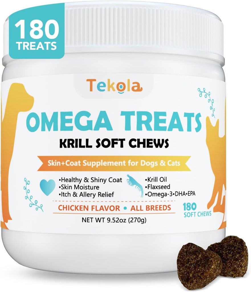180 Chews Omega 3 for Dogs & Cats - with Krill - Skin and Coat Supplement - Dry ' Itchy Skin Relief - Alivio de la alergia - Coats brillantes - No Shedding - EPA & DHA, Vitaminas y Minerales - Chicken Flavor