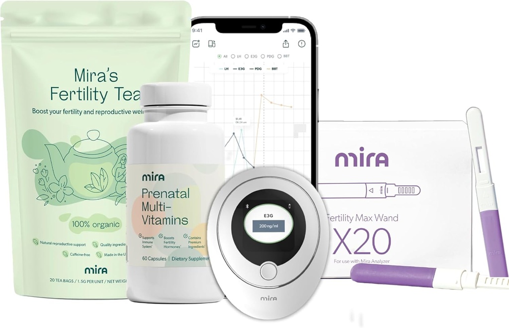 Mira Pregnancy Bundle for Trying to Conceive, Digital Fertility and Ovulation Kit with 20 Max Test Wands, 1 Bottle of Mira Prenatal Multivitamins (60 Capsules), & 1 Bag of Fertility Tea (20 Tea Bags)