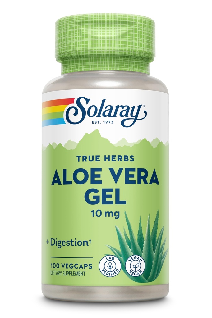 SOLARAY Aloe Vera Gel Concentrate 200X - Equivalente a 2000mg Gel fresco, Aloe Vera Capsules con Ginger, Peppermint y Parsley, Herbal Wellness Support, Vegan, No GMO, Garantía de 60 días, 100 Servidores