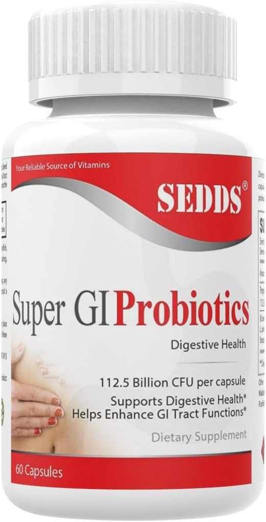 Super GI Probióticos 112.5 Billones CFU por Serving Supports Digestive Health ' May Relieve Gastrointestinal Distress TEN Highest Potency 8 Strain Formula ← 60 Capsules