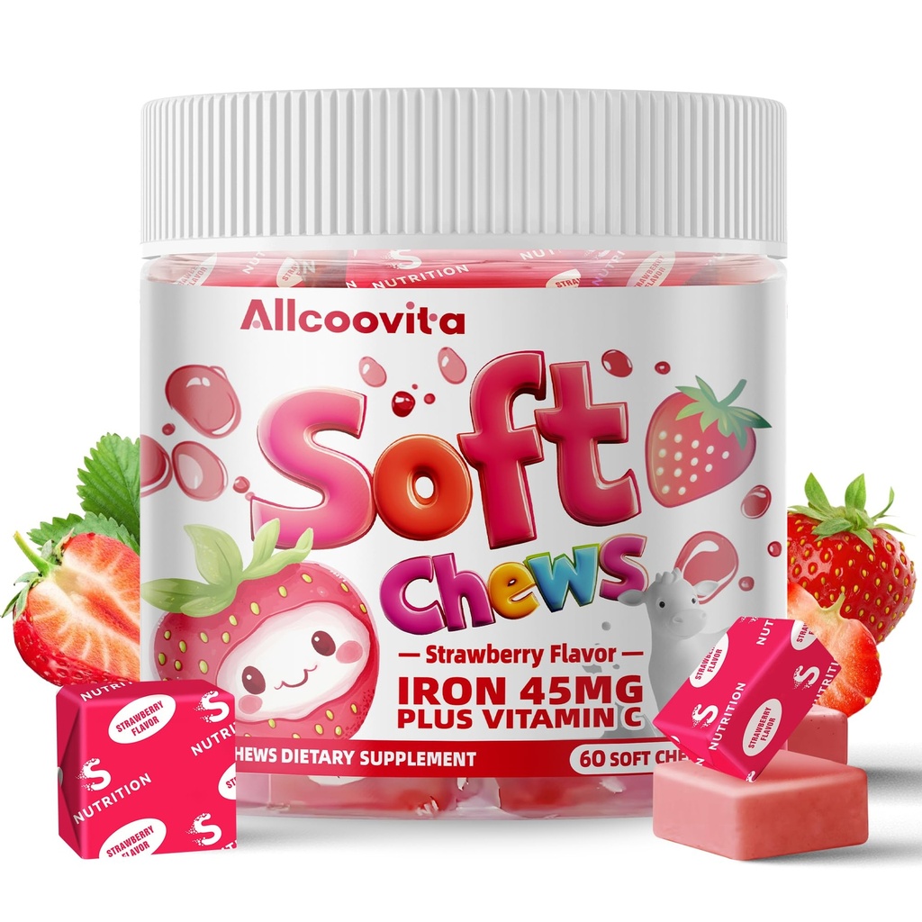 Iron Soft Chews Supplement with Vitamin C | Strawberry Flavored | Gluten Free | Iron Supplement for Women Men and Kids | 60 Count | 2 Month Supply