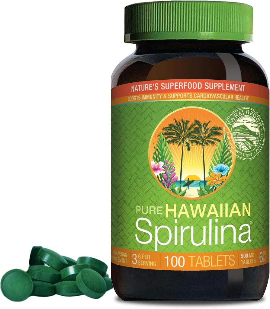 Nutrex Hawaii, Pure Hawaiian Spirulina 500 mg, Vegan, apoya el sistema inmunológico, corazón, células y energía, 100 tabletas