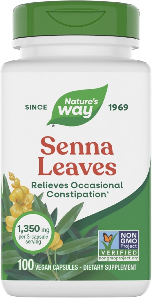 Nature's Way Senna Leaves, Relieves Occasional Constipation*, 1,350 mg per 3-Capsule Serving, Non-GMO Project Verified, 100 Capsules (Packaging May Vary)