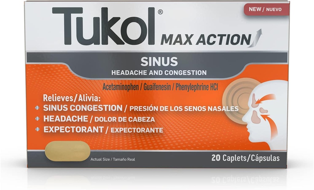 TUKOL Max Action Sinus, Cápsulas de presión para dolor, alivio de dolor de cabeza, expectorante, no de sueño, 20 cuenta