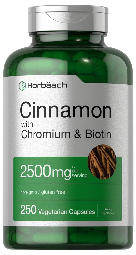 Horbäach Cinnamon with Chromium & Biotin | 250 Capsules | Herb Extract Supplement | Vegetarian, Non-GMO, Gluten Free Extract Supplement