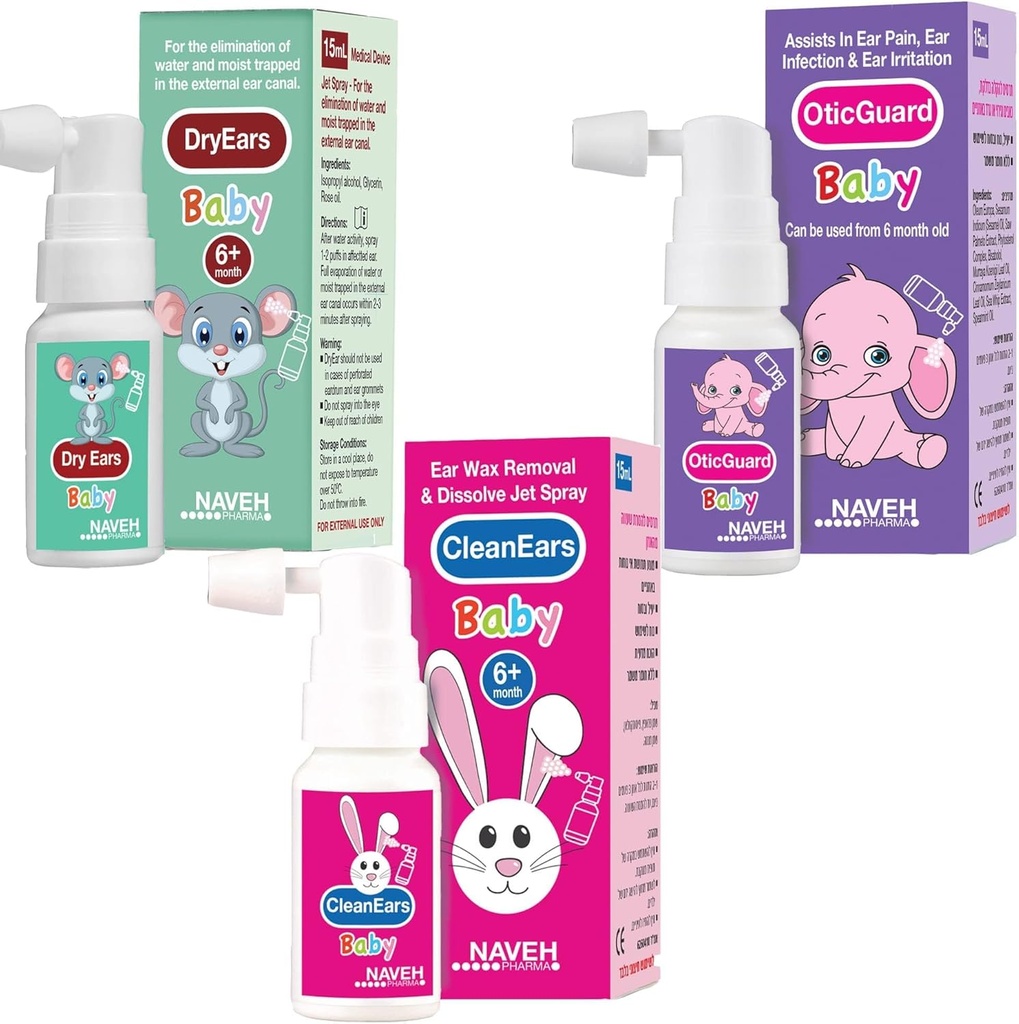 NAVEH PHARMA All Baby Products (Dry Ears Baby, Otic Guard Baby,Clean Ears Baby) 1UNIT X 0.5 Fl Oz + 2 Unit X 1 Fl Oz ENT LINE