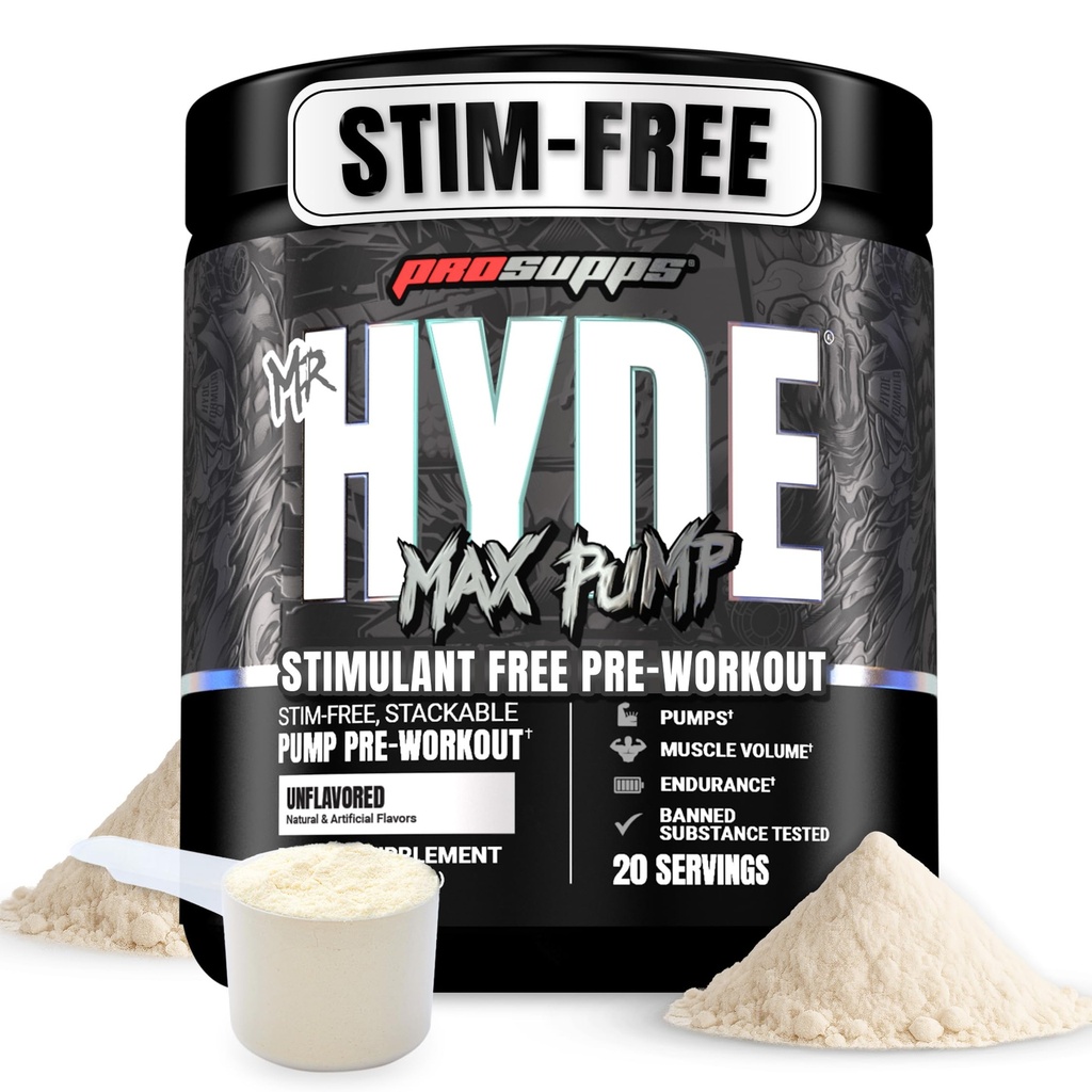 ProSupps Mr. Hyde Max Pump Pre Workout Powder - Stim-Free Preworkout Supports Blood Flow, Muscle Volume & Endurance - Caffeine-Free Nitric Oxide Gym & Fitness Supplements (Unflavored, 20 Servings)