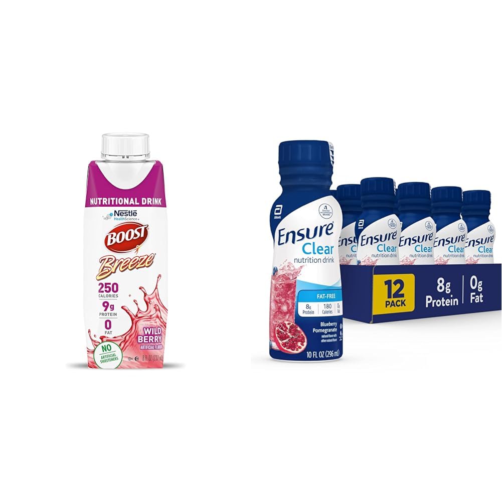 BOOST Breeze Clear Nutritional Drink, 9g Protein, 250 Nutrient-Rich Calories, Wild Berry, 8 fl oz &amp; Ensure Liquid Clear Nutrition Drink, 0g fat, 8g de proteína, Blueberry Pomegranate, 10 Fl Oz