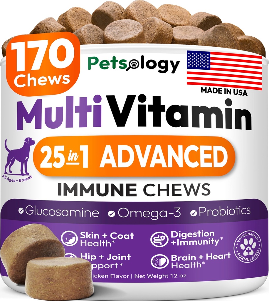 Perro multivitamínico Chewable - Vitaminas y Suplementos para perros con Glucosamina - 170 Chews - Hip &amp; Joint, Pet Immune Support, Skin & Coat, Gut & Heart Health - Senior & Puppy Multivitamin Pet Supplement