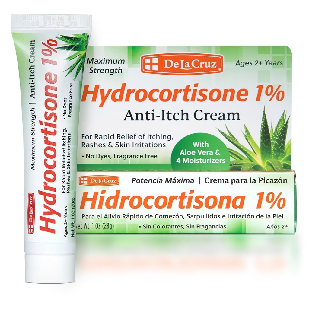 De La Cruz 1% Hydrocortisone Cream - Maximum Strength - Topical Anti Itch Hydrocortisone Cream with Aloe Vera and Moisturizers for Dry Skin, Redness, Dermatitis, Eczema and Rashes - 1 OZ (28g)