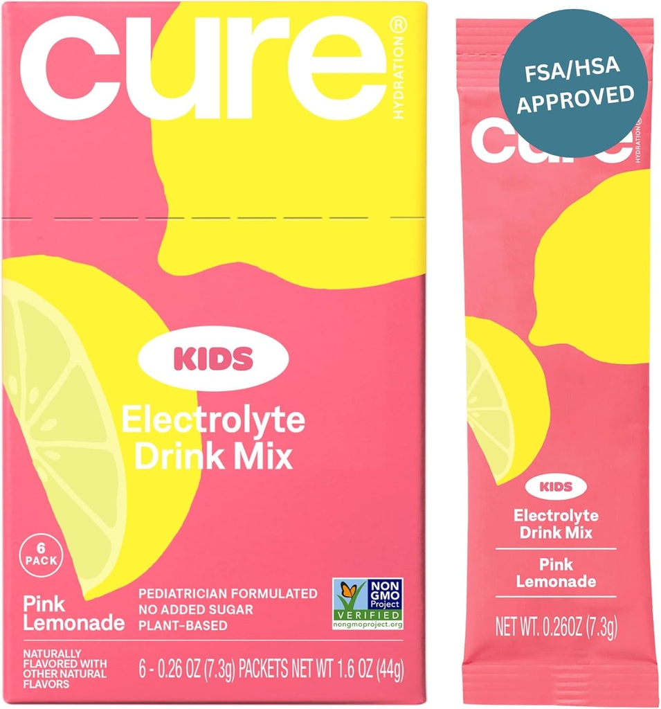 Cure Hydration Kids Electrolyte Drink Mix | Plant-Based Pediatrician Formulated Rehydration | No Added Sugar, FSA-HSA, Non-GMO, Gluten-Free, No Artificial Flavors | Box of 6 Packets - Pink Lemonade